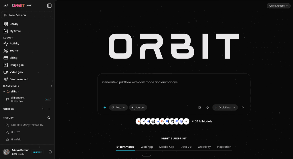 Orbit AI app builder interface showing prompt box, AI models, and project blueprints