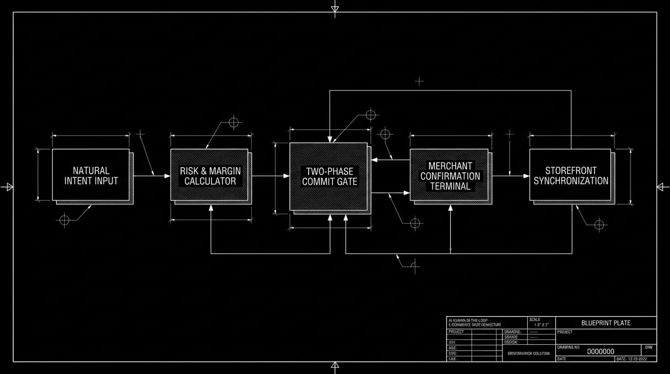Monochrome architectural CAD blueprint of Human-in-the-Loop Confirmation Gate showing intent parser, margin calculation, and merchant terminal approval