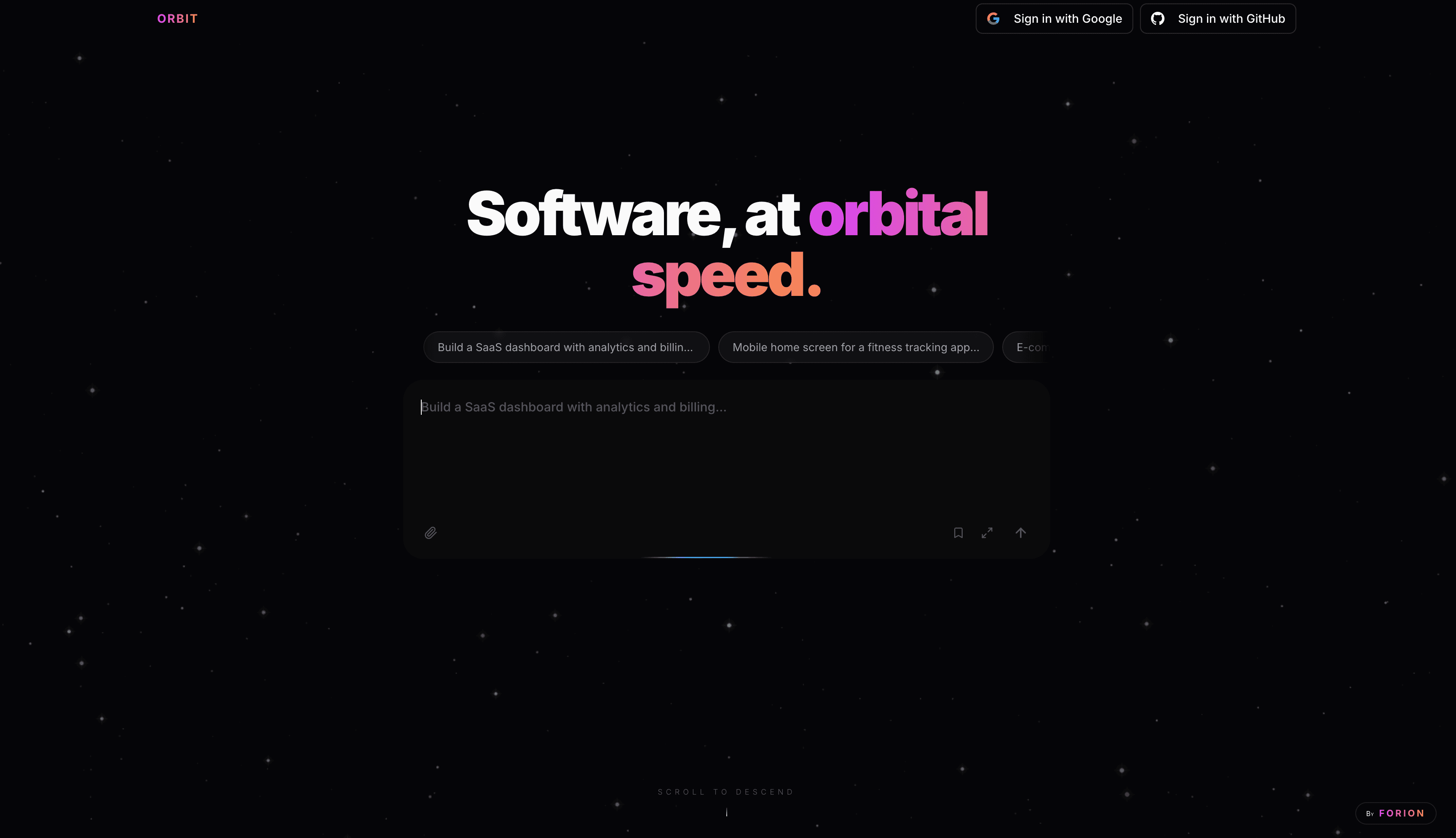 Orbit unified workspace — chat, build, and live preview in one tab