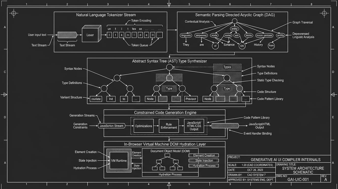 Technical CAD compiler schematic showing compilation pipeline from code to runtime